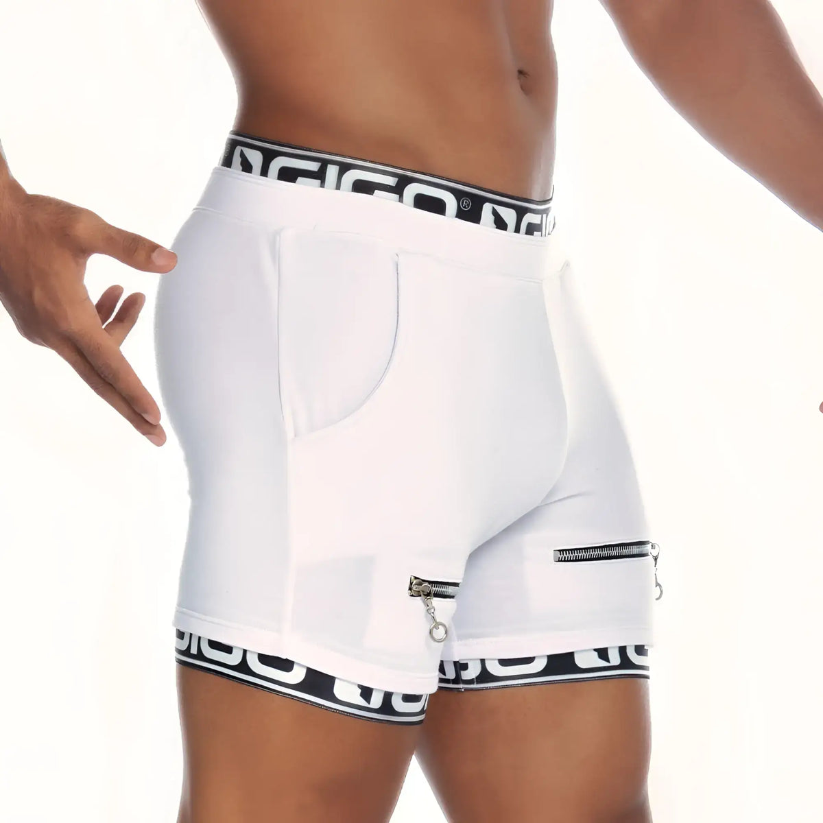 Gigo Tropixx white menÃ¢â‚¬â„¢s athletic shorts with black and white patterned waistband and hem and side zipper pocket