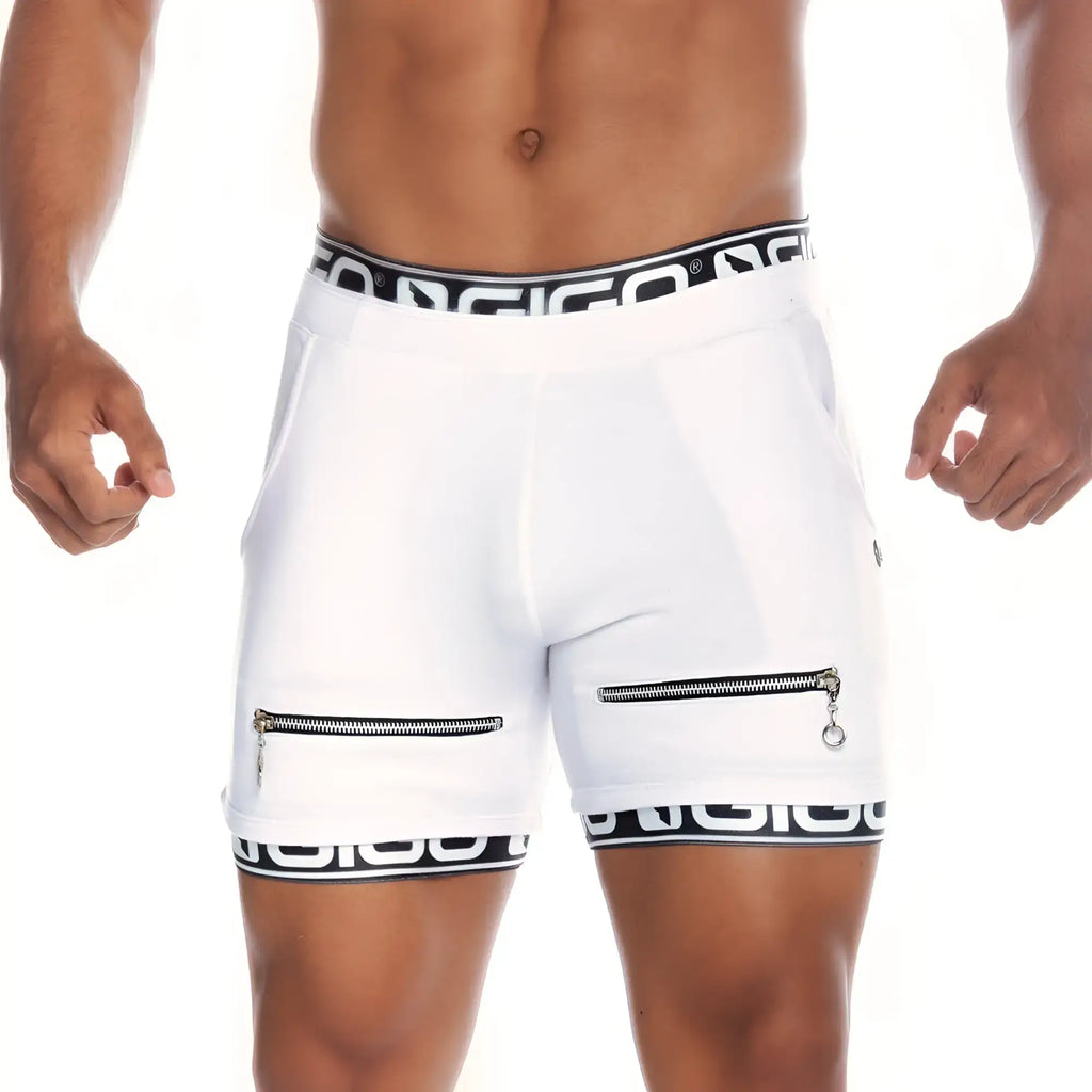 Gigo Tropixx white athletic shorts with black and white branded trim and two front zippered pockets