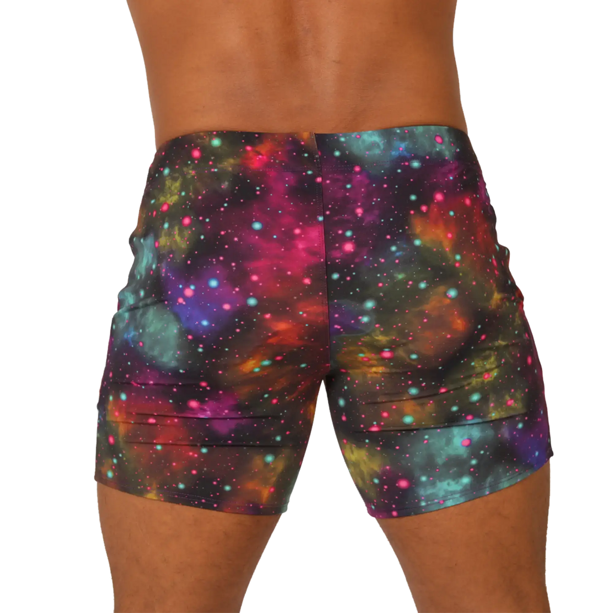 Vibrant gigo universe beachwear galaxy-print shorts with pink purple teal and orange nebulae and sparkling stars