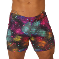 Vibrant Gigo Universe beachwear galaxy-print swim trunks with swirling nebulae in purple teal pink and orange