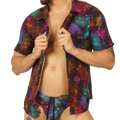 Vibrant gigo universe short-sleeved button-up shirt with bold galaxy print in purple teal pink and orange cosmic design