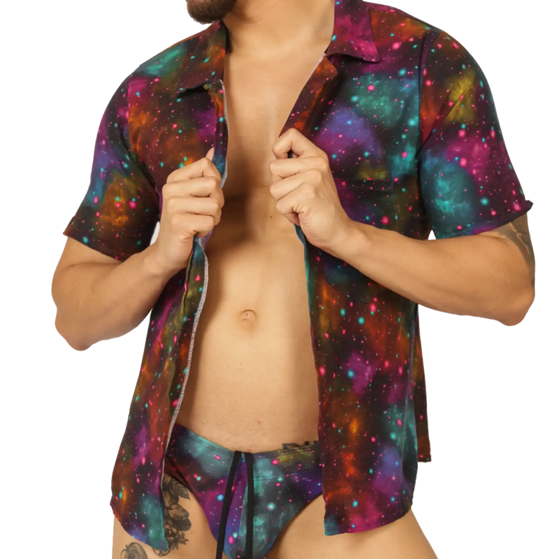 Vibrant gigo universe short-sleeved button-up shirt with bold galaxy print in purple teal pink and orange cosmic design