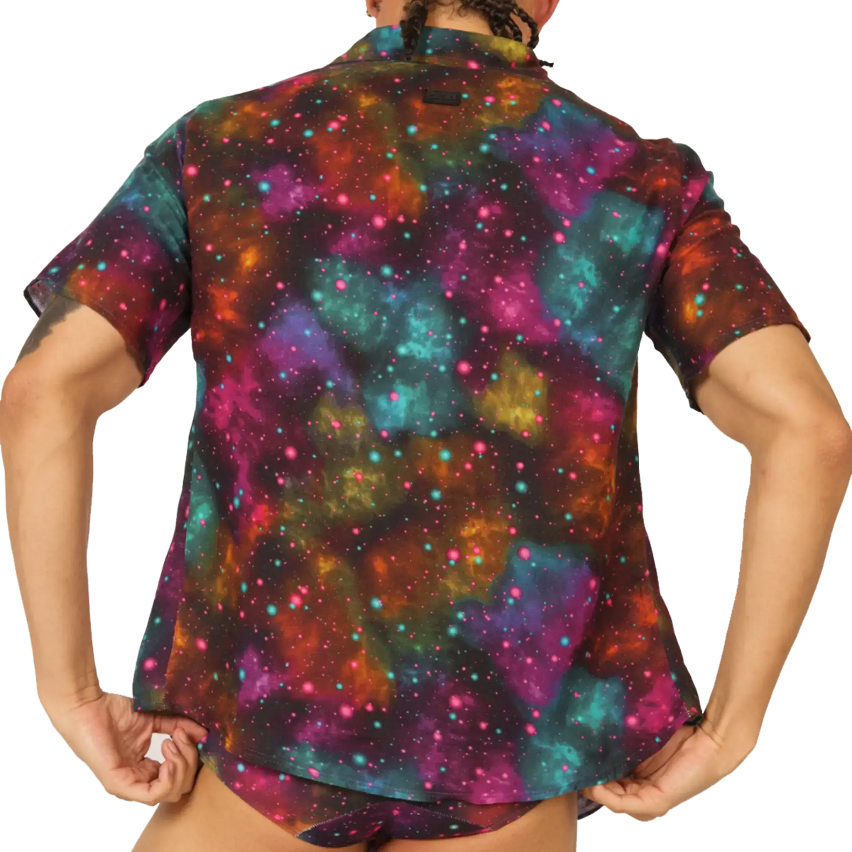 Gigo Universe shirt vibrant galaxy print short-sleeved button-up with swirling nebulae in teal magenta orange and purple hues