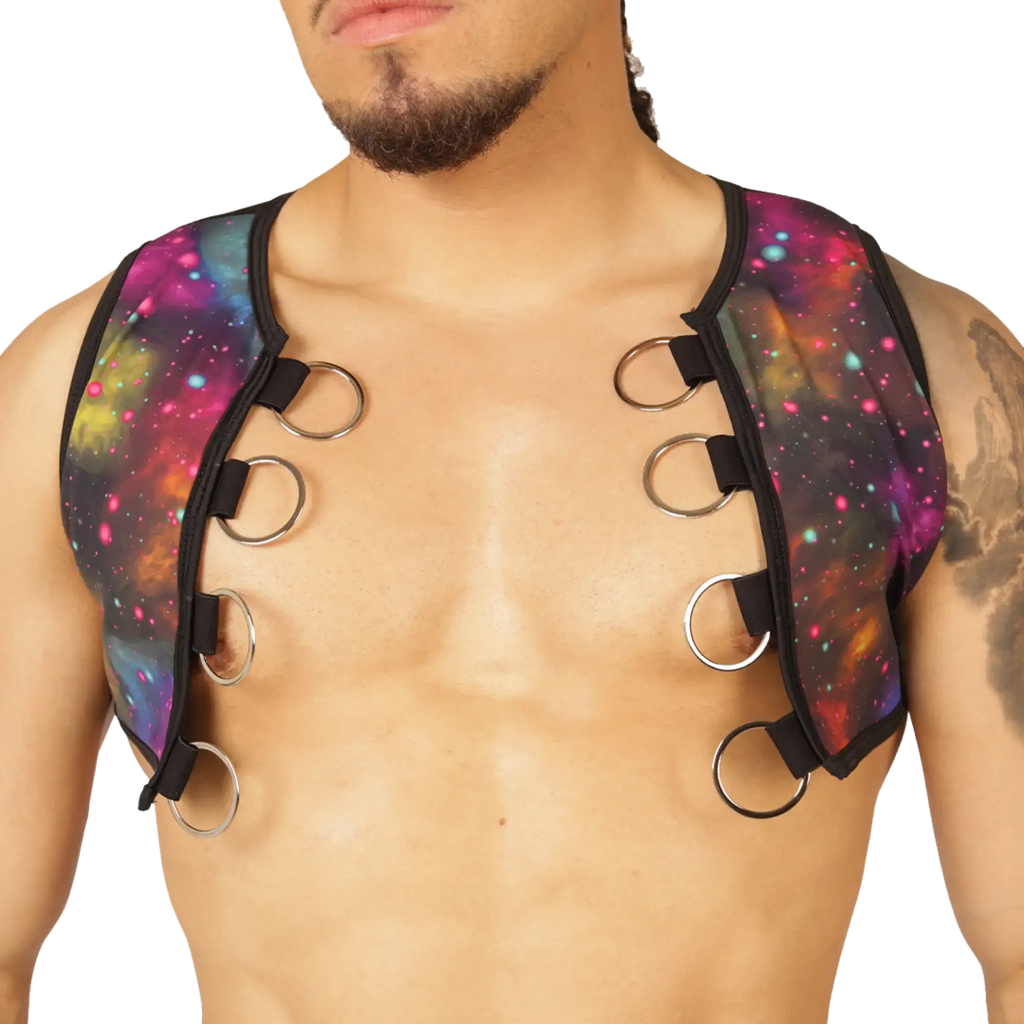 Vibrant galaxy-print neoprene vest harness with black straps and silver metal rings for secure fit