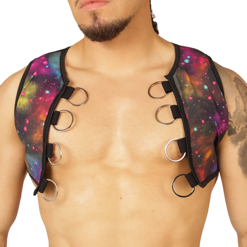 Vibrant galaxy-print neoprene vest harness with black straps and silver metal rings for secure fit
