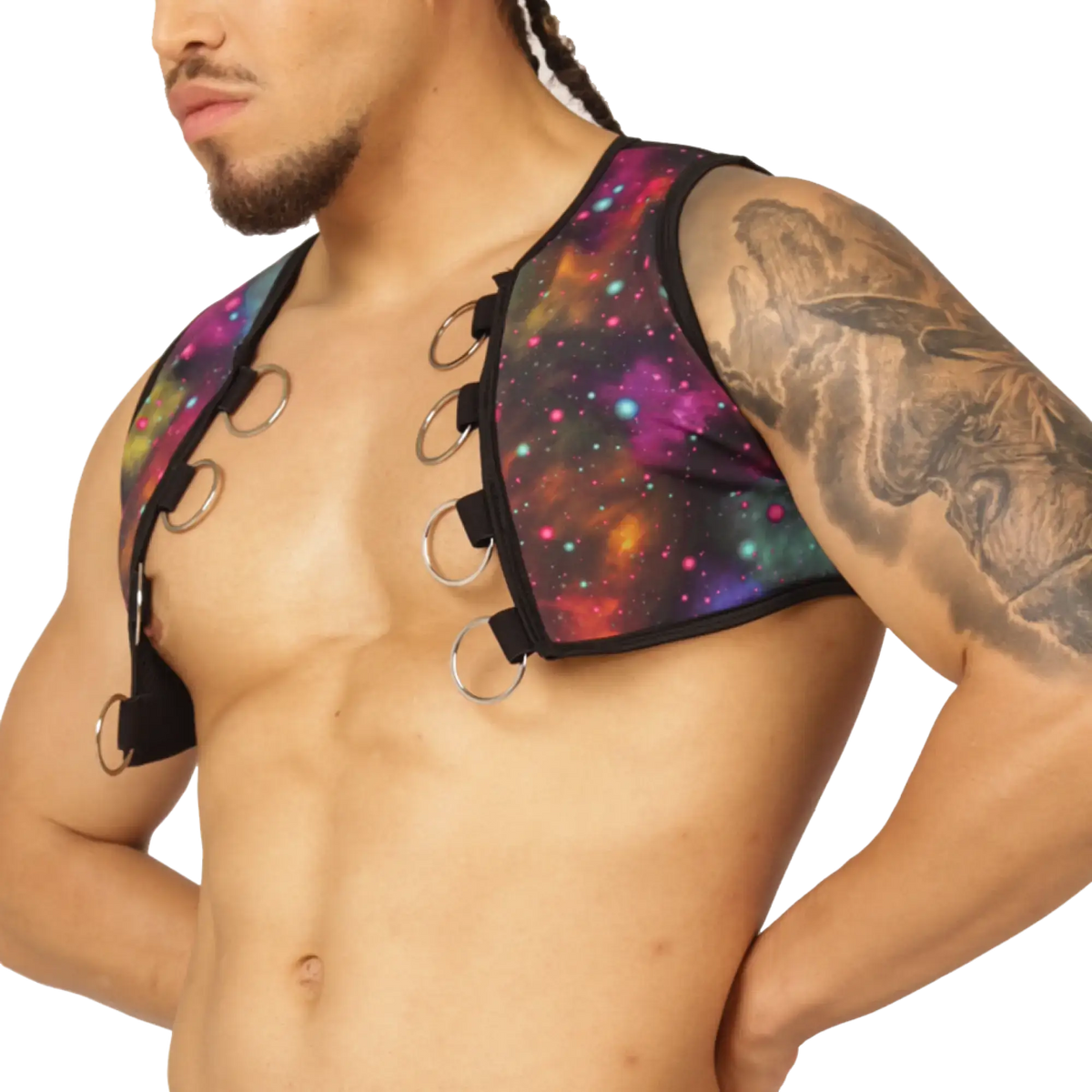 A vibrant galaxy-print Gigo Universe vest harness with black straps and silver metal rings