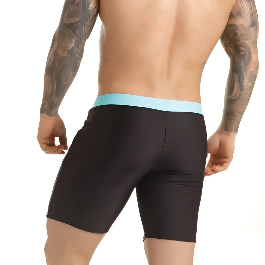 Black athletic briefs with light blue elastic waistband by gigo versatil designed for beachwear use