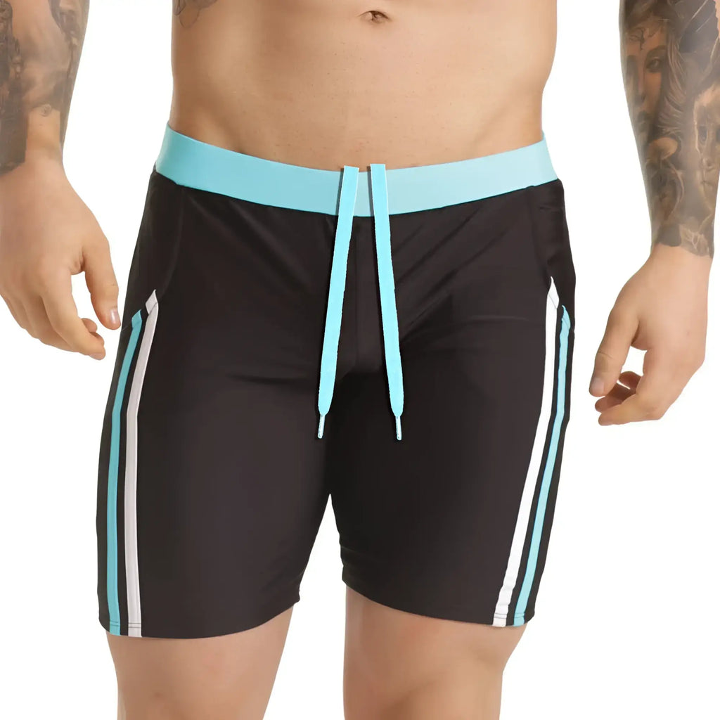 Black Gigo Versatil Blue beachwear swim trunks with light blue and white side stripes and matching waistband and drawstring