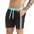 Black swim trunks gigo versatil blue beachwear with light blue waistband drawstrings and white blue side stripes