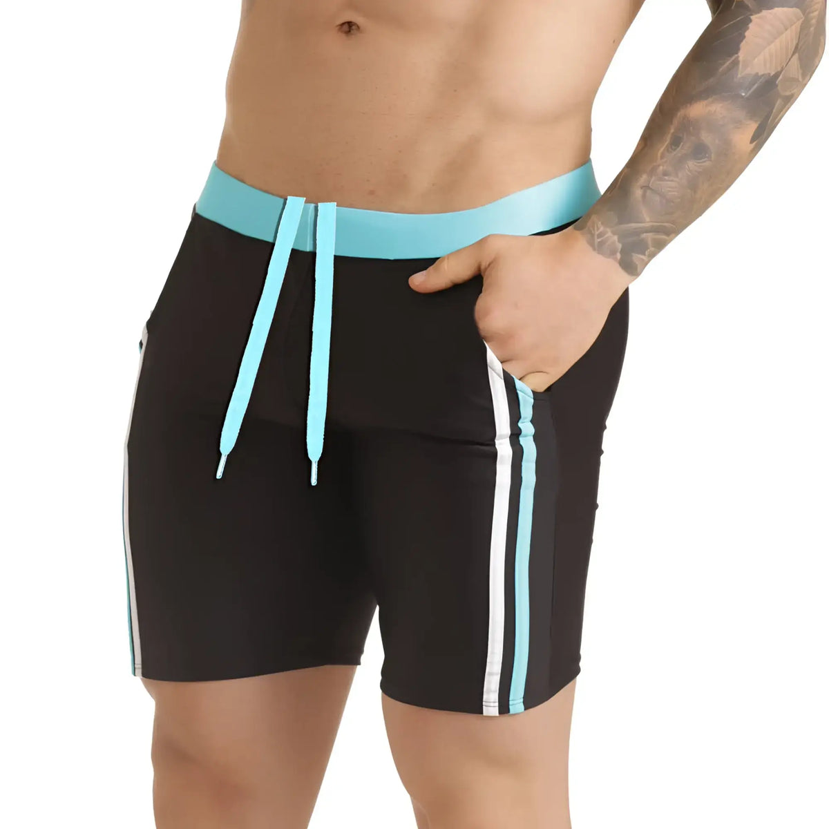 Black swim trunks gigo versatil blue beachwear with light blue waistband drawstrings and white blue side stripes