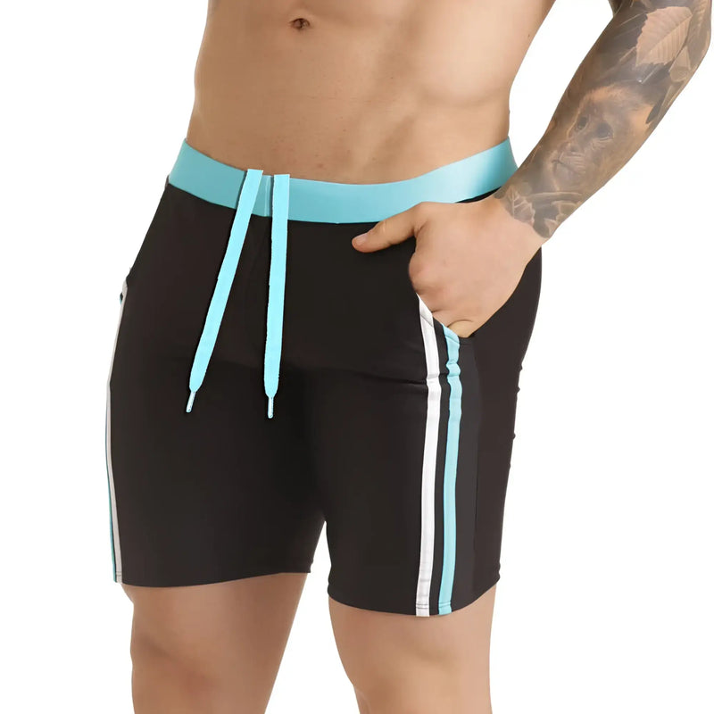 Black swim trunks gigo versatil blue beachwear with light blue waistband drawstrings and white blue side stripes