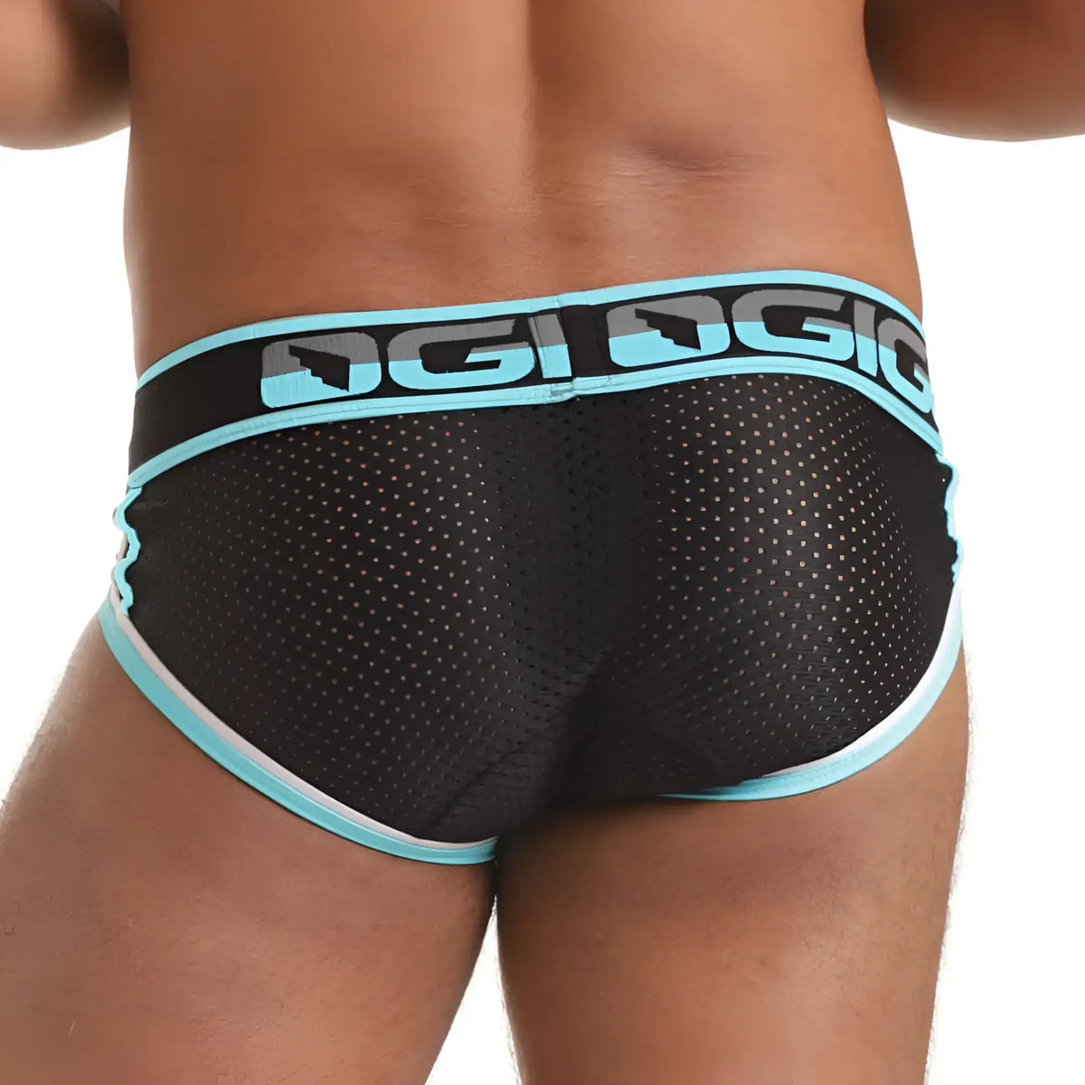 Black mesh briefs with light blue trim and bold ogio logo on waistband from gigo versatil blue brief collection