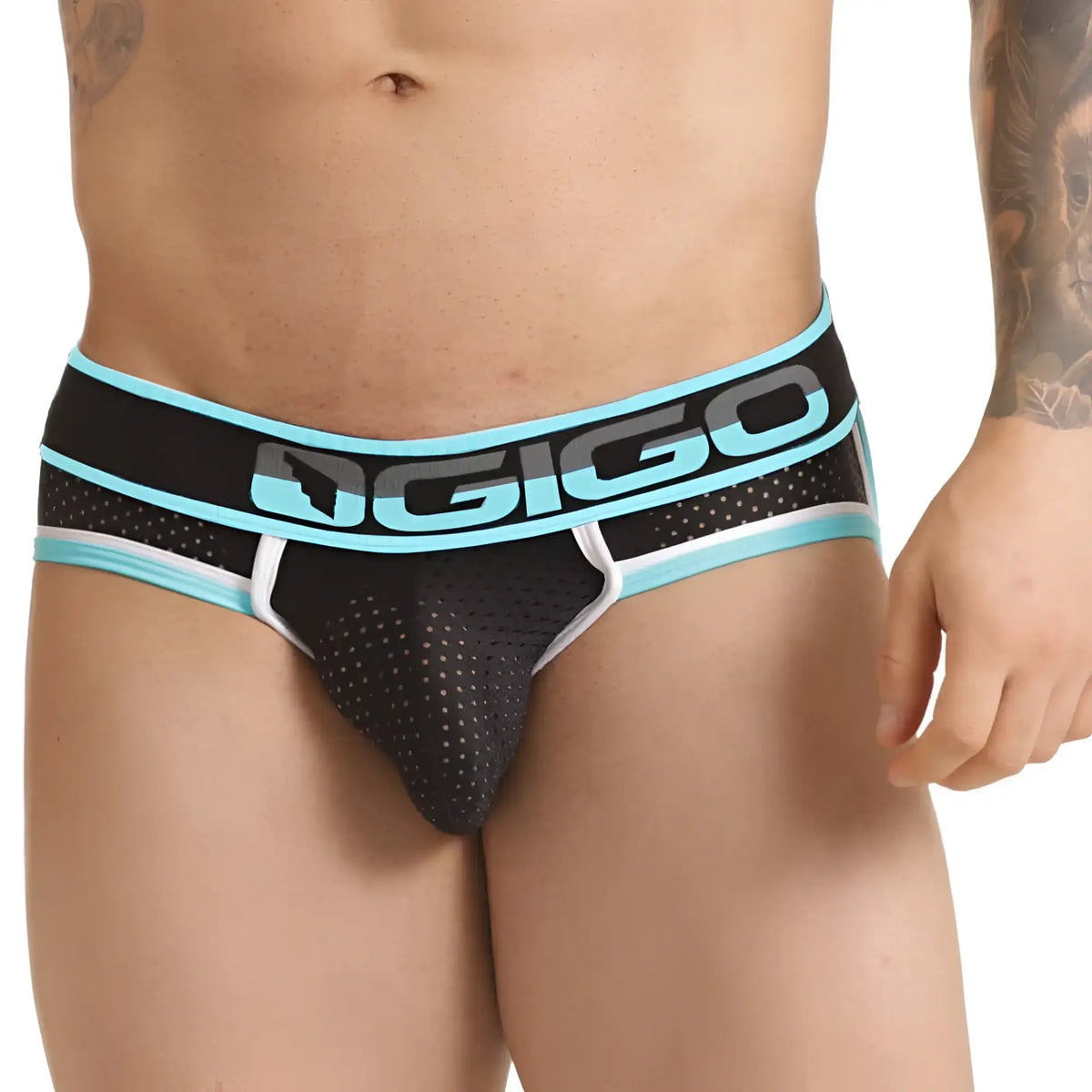 Black and teal mesh gigo versatil blue brief jockstrap with bold logo waistband for versatile support and style