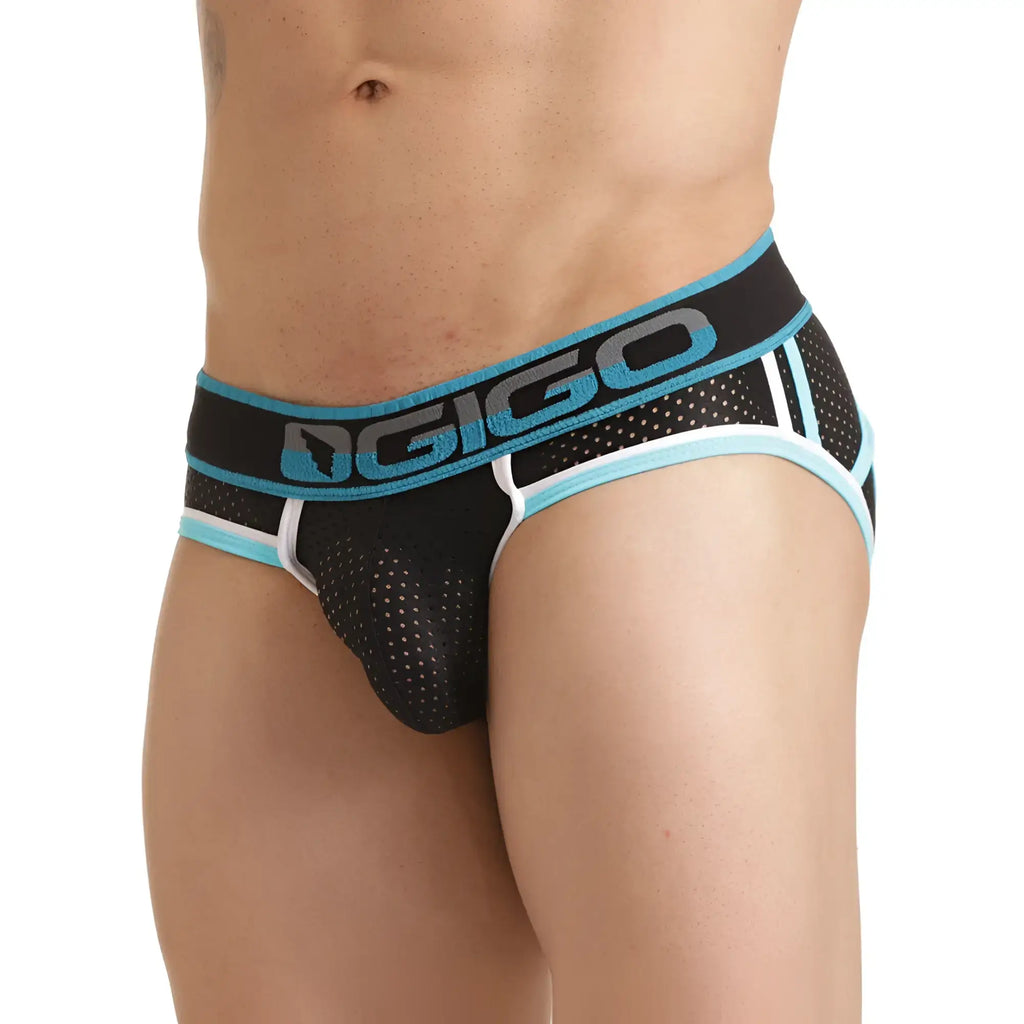 Black and teal mesh briefs with bold dgigo logo on waistband from gigo versatil blue brief jockstrap collection