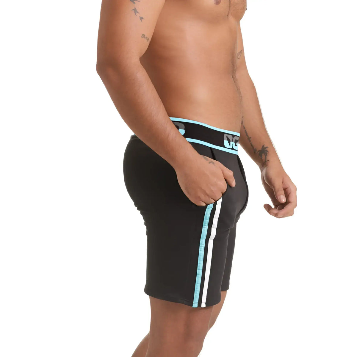 Black gigo versatil blue short athletic shorts with light blue white striped side panel and elastic waistband logo