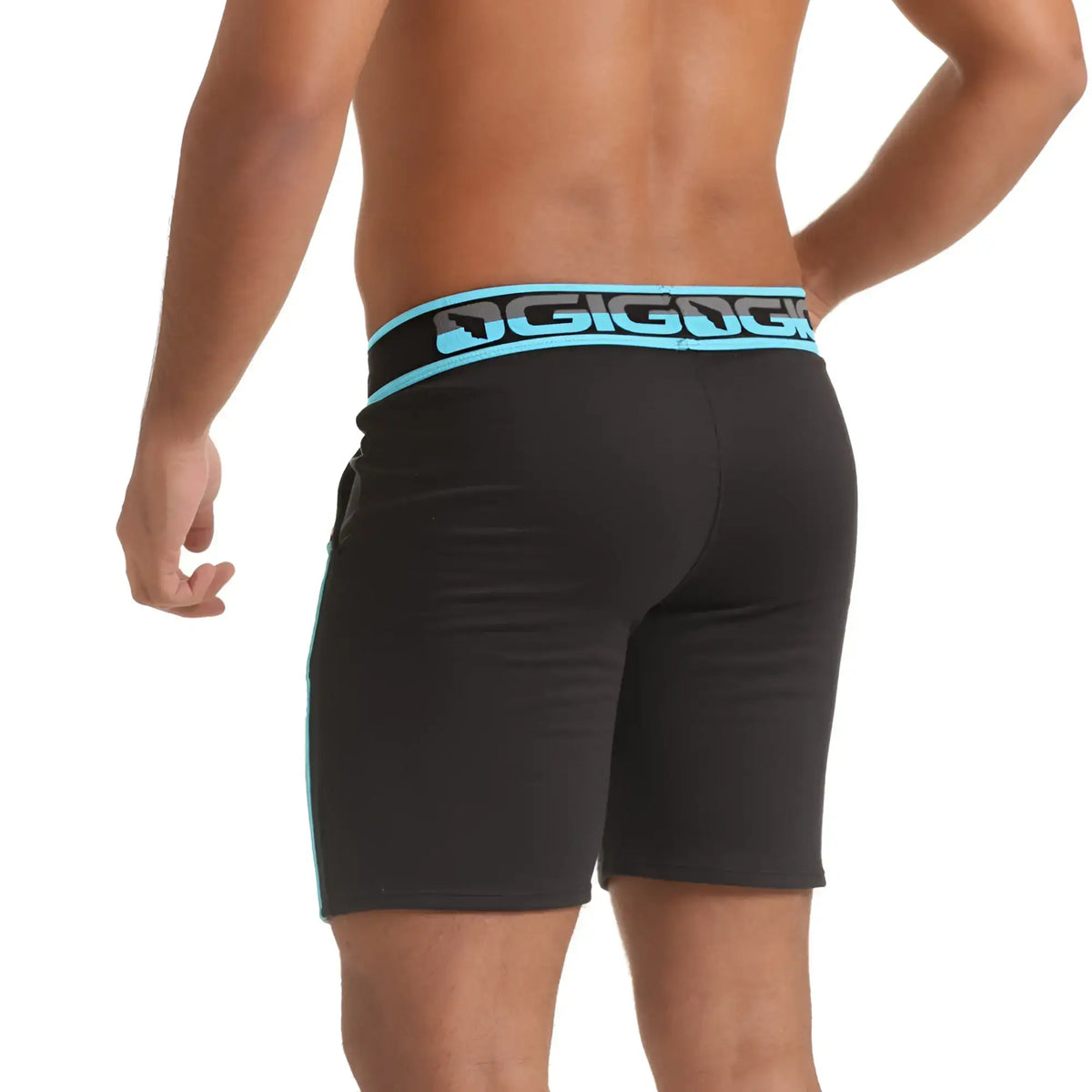 Black athletic shorts with blue and black elastic waistband featuring dgigg logo for versatile sports use