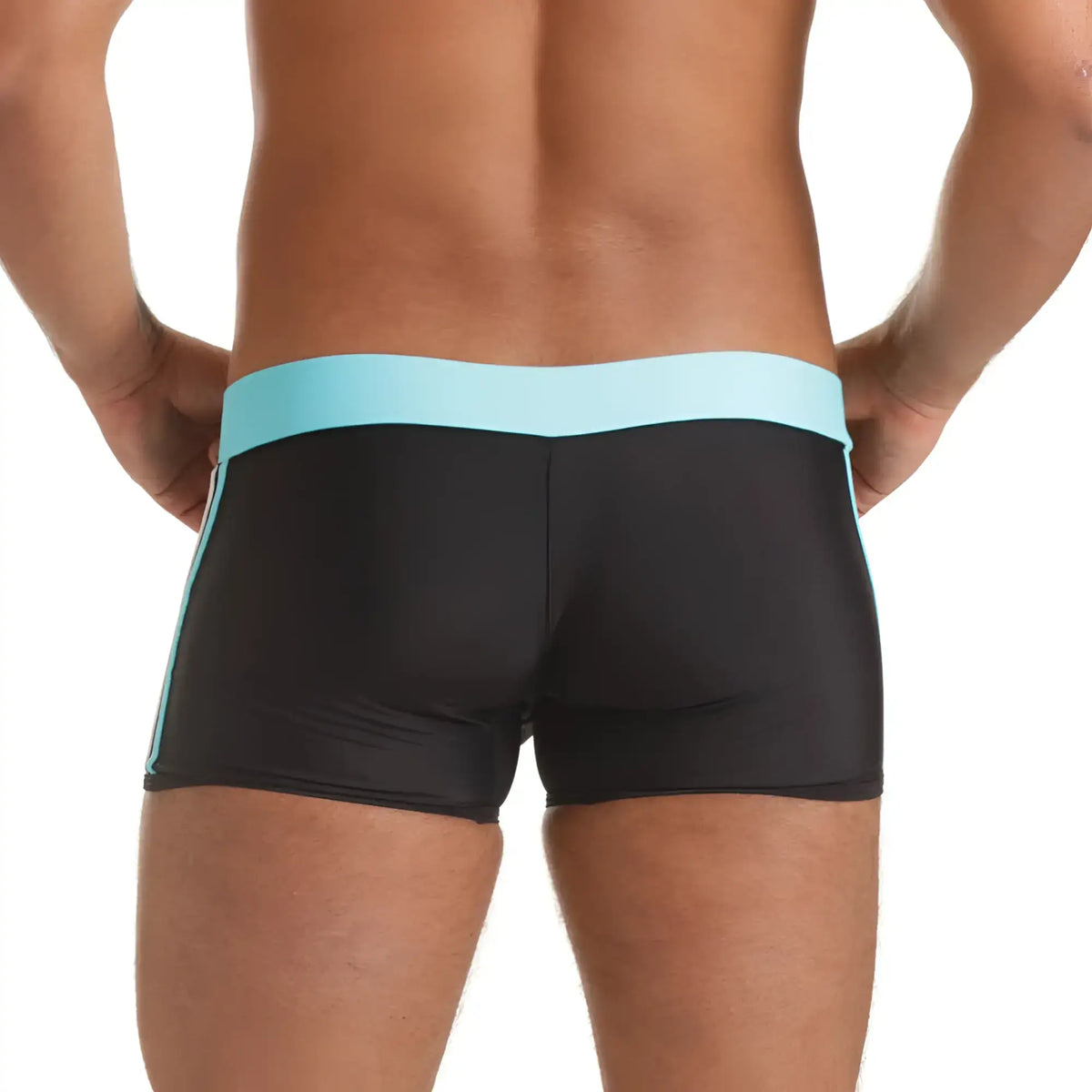 Black gigo versatil blue swim trunk with light blue waistband and side stripes perfect for swimming and beachwear
