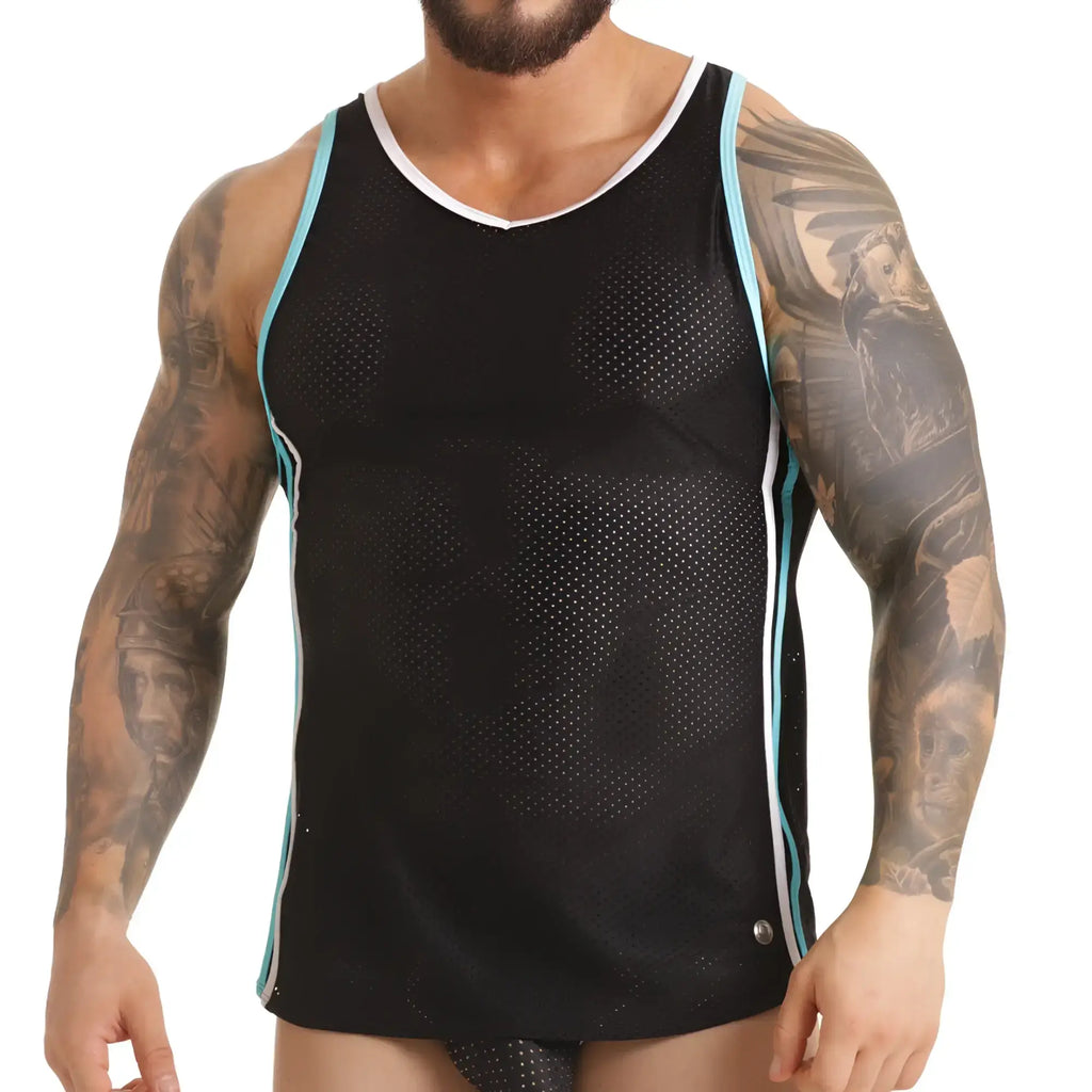 Black mesh tank top with light blue and white trim designed for versatile use in the gigo versatil blue tank