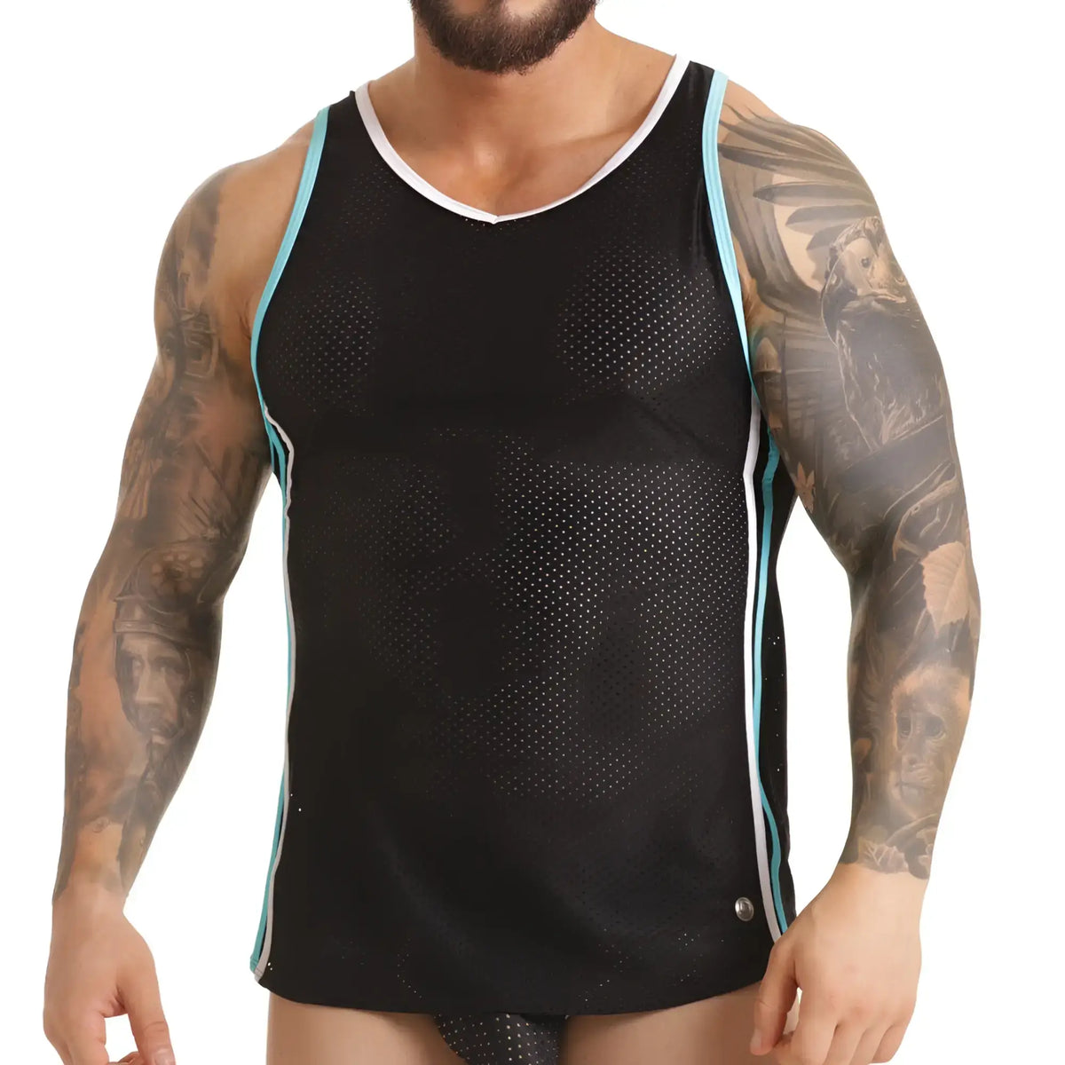 Black mesh tank top with light blue and white trim designed for versatile use in the gigo versatil blue tank