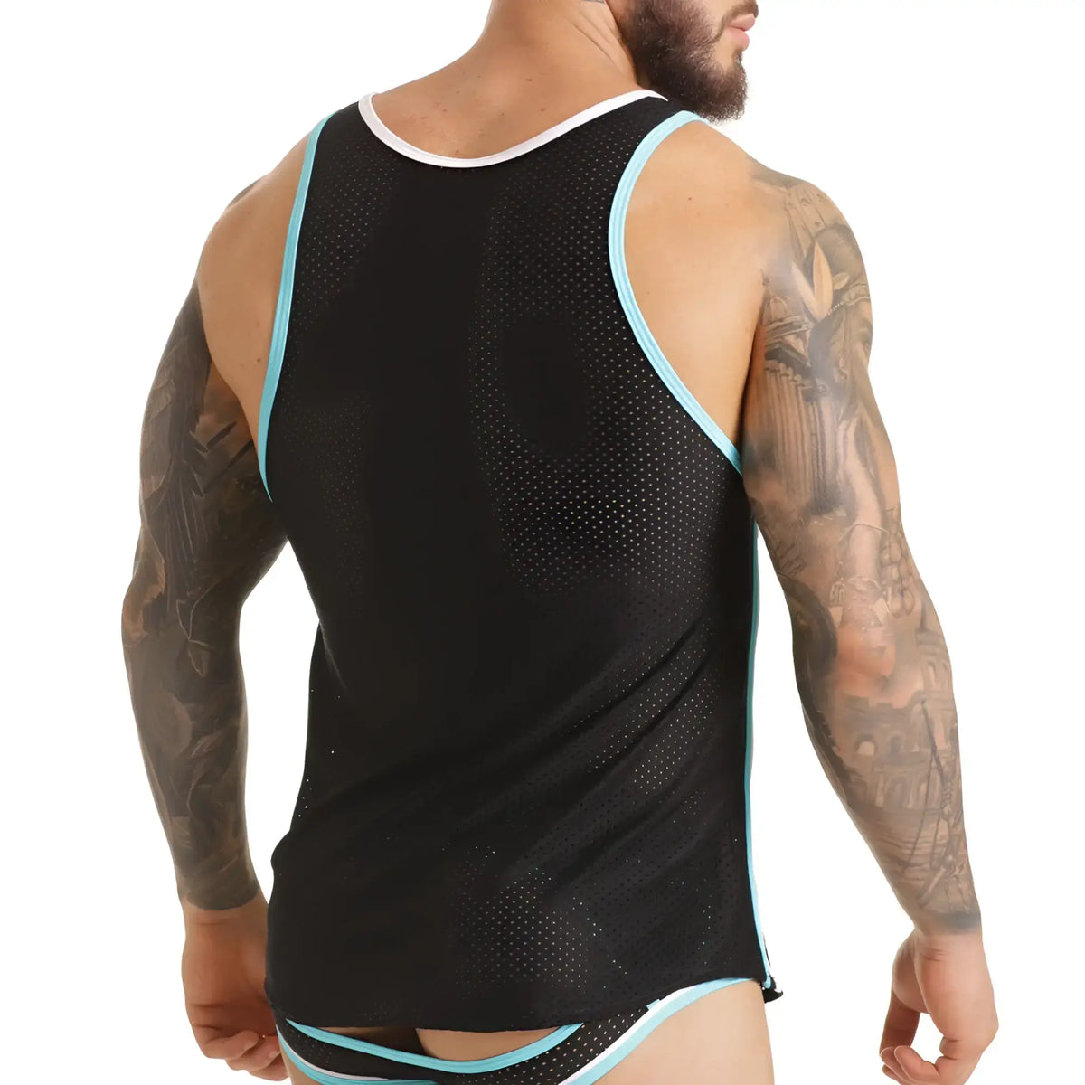 Black mesh tank top with light blue trim gigo versatil blue tank suitable for casual and athletic wear