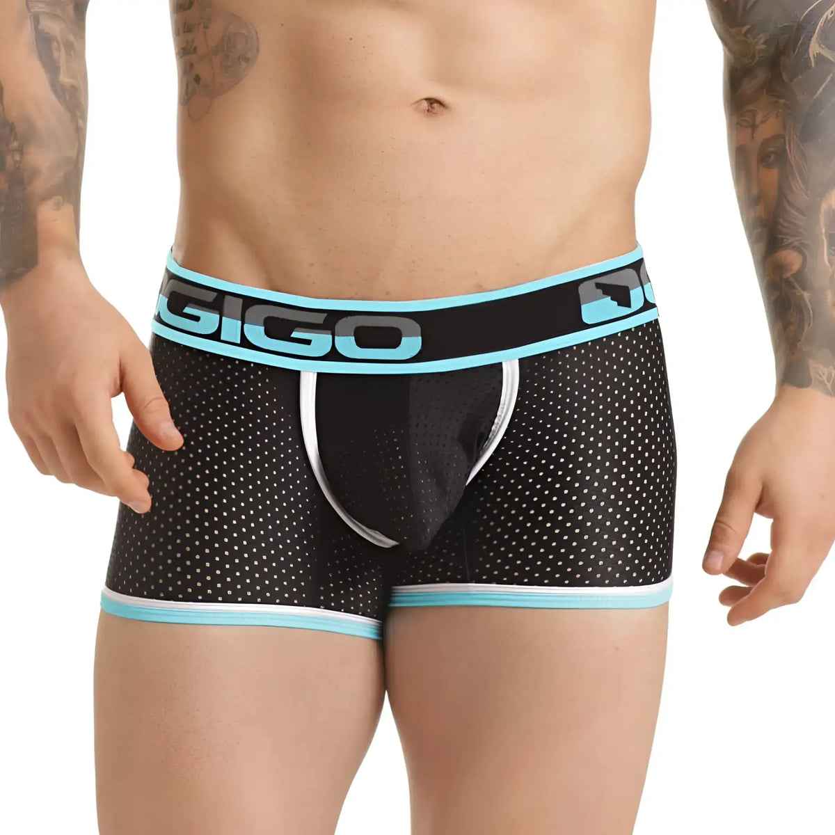 Black gigo menÃ¢â‚¬â„¢s boxer briefs with light blue waistband and white dot pattern in versatile blue trunk design