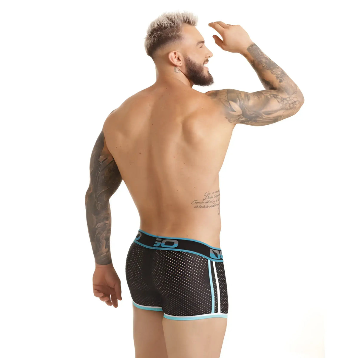 Black mesh boxer briefs with teal trim and white side stripes from gigo versatil blue trunk collection