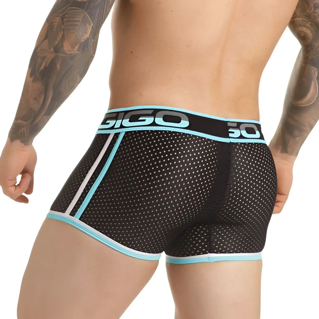 Black mesh gigo versatil blue trunk briefs with light blue and white trim and logo on waistband