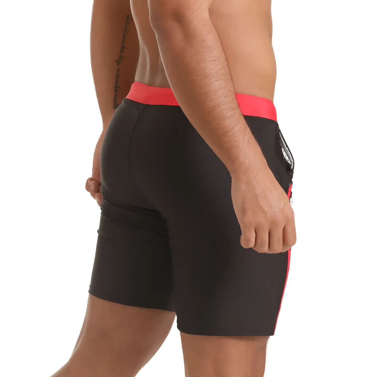 Black gigo versatil red beachwear athletic shorts with vibrant red waistband and side stripe, sleek form-fitting design
