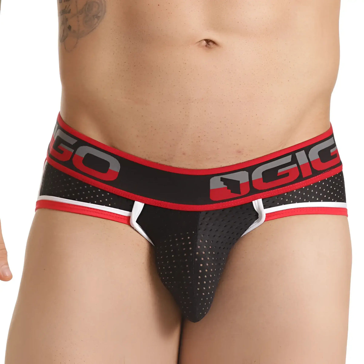 Black and red gigo versatil brief with perforated mesh front white trim and ogio logo on waistband