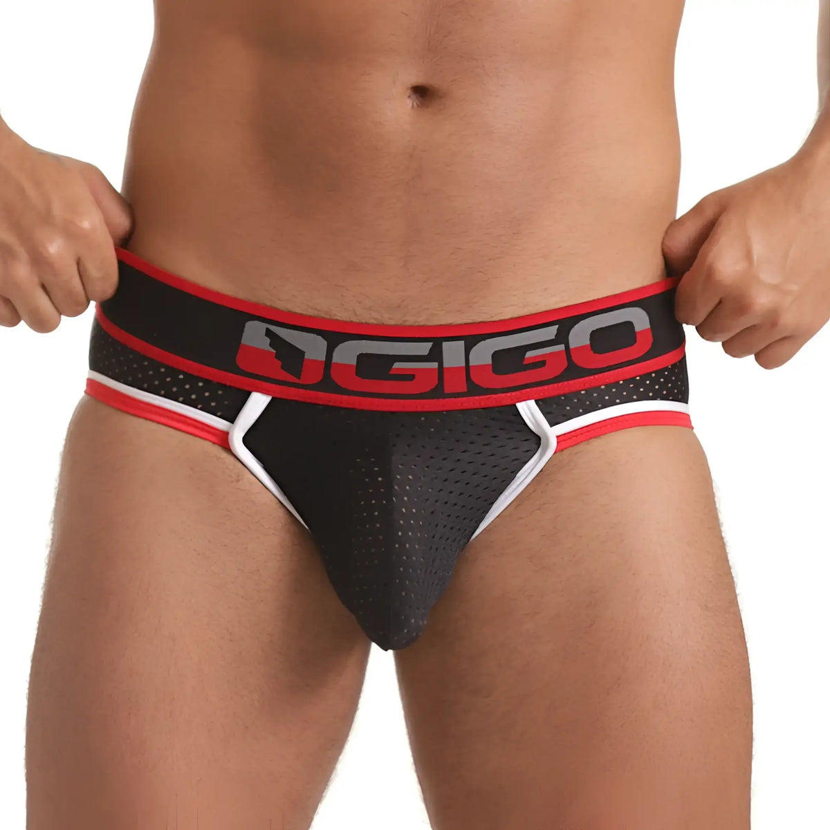Black mesh gigo versatil red brief jockstrap with red and white trim and bold dgigo logo waistband
