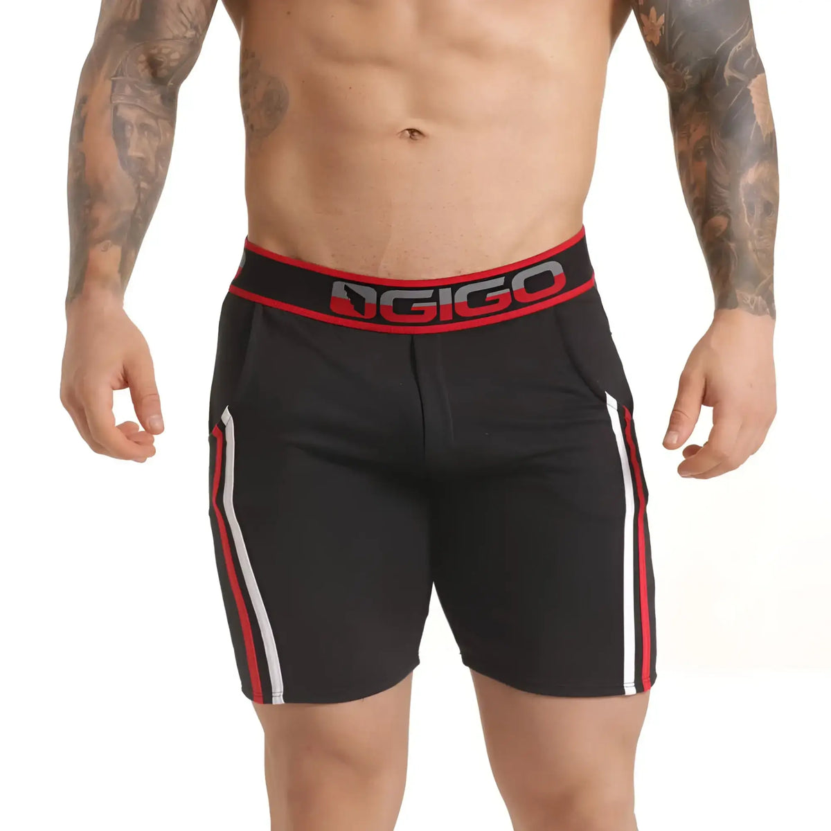 Black gigo versatil red athletic shorts with red and white side stripes and matching branded waistband