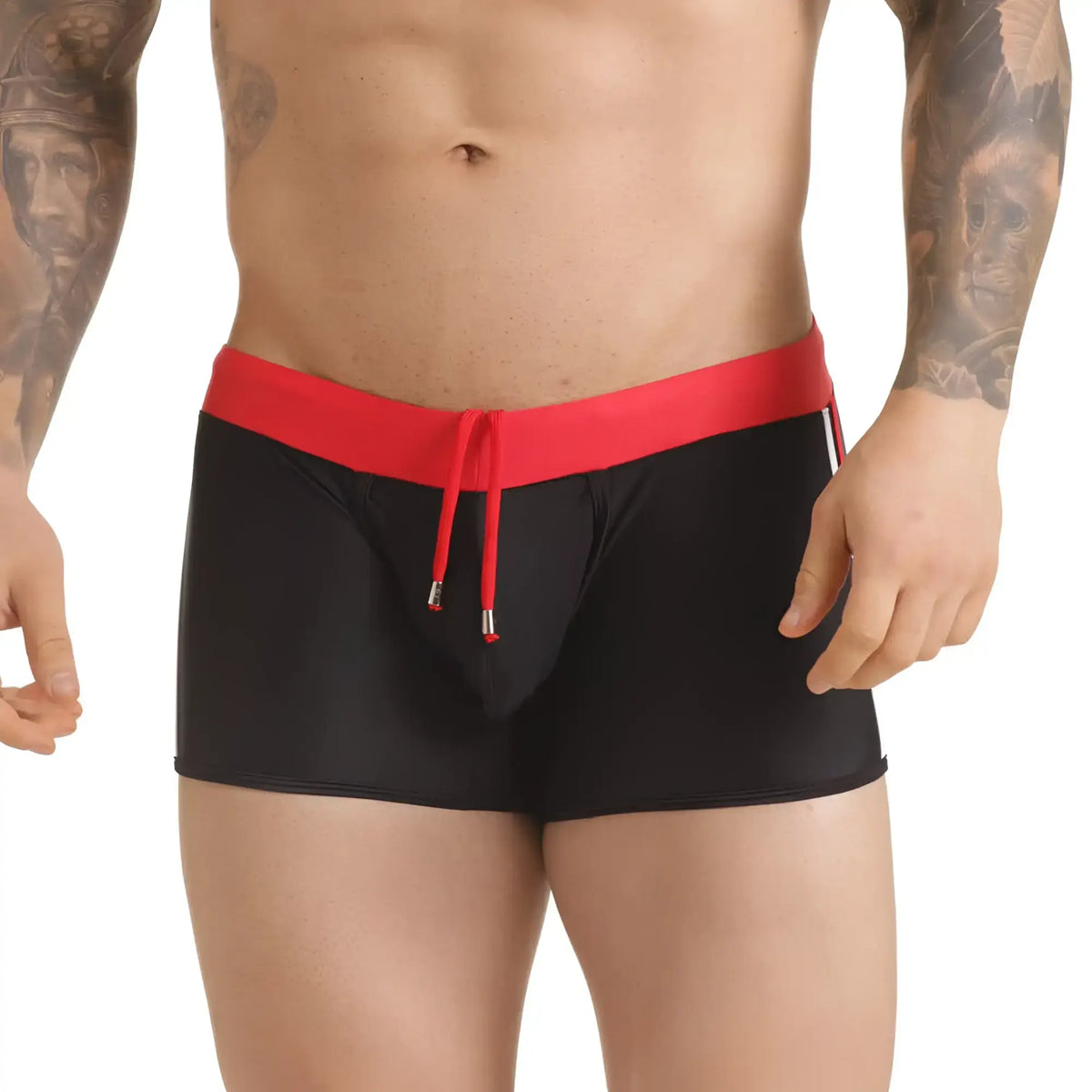 Black gigo versatil red swim trunk with bold red waistband matching drawstring and subtle white side stripes