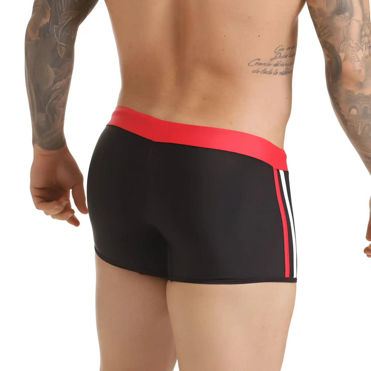 Black gigo versatil red swim trunk with bold red waistband and side stripes accented by white vertical lines