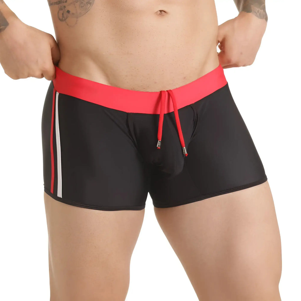 Black gigo versatil red swim trunk with vibrant red waistband white side stripes and adjustable drawstring for swimming