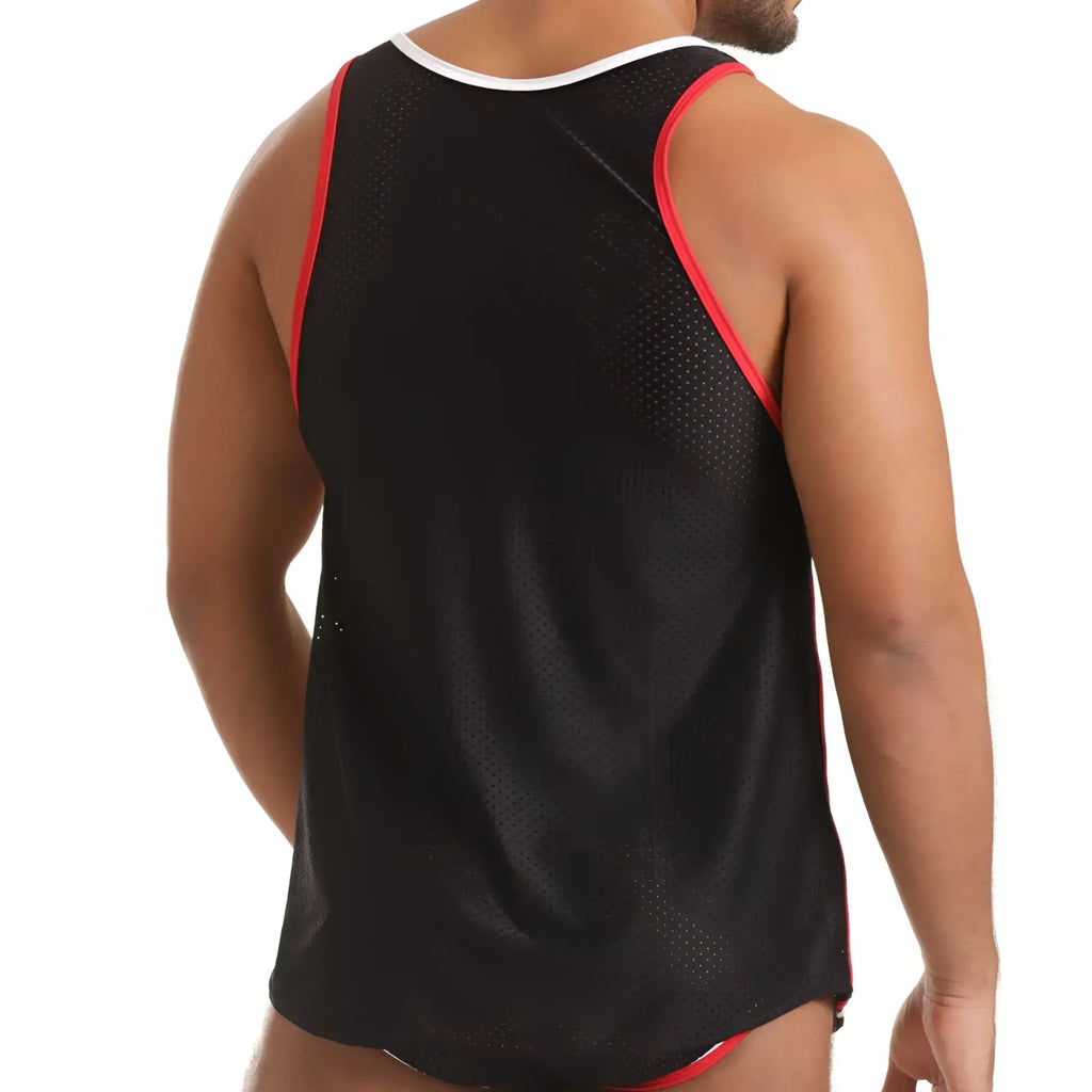 Black mesh gigo versatil red tank top with red trim on shoulder straps and neckline
