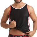 Black mesh gigo versatil red tank top with red and white trim for breathable athletic wear