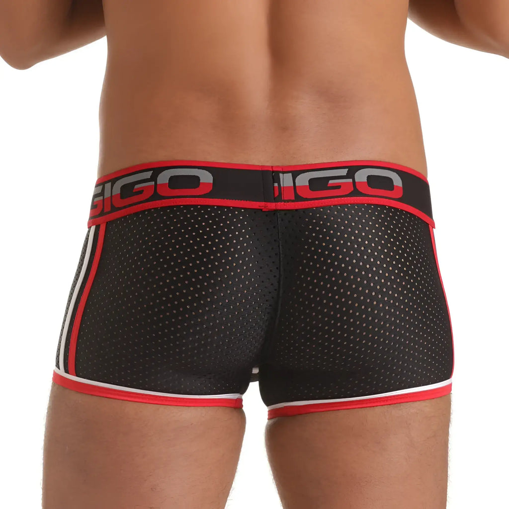 Black mesh briefs with red and white trim featuring bold gigo logo on waistband gigo versatil red trunk