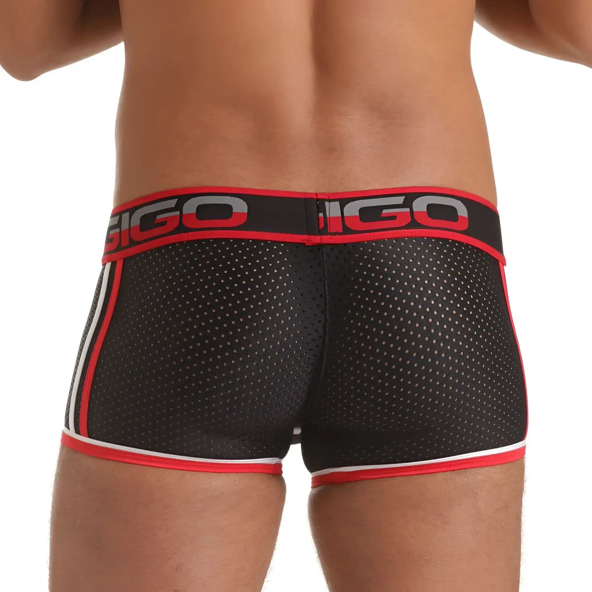 Black mesh briefs with red and white trim featuring bold gigo logo on waistband gigo versatil red trunk