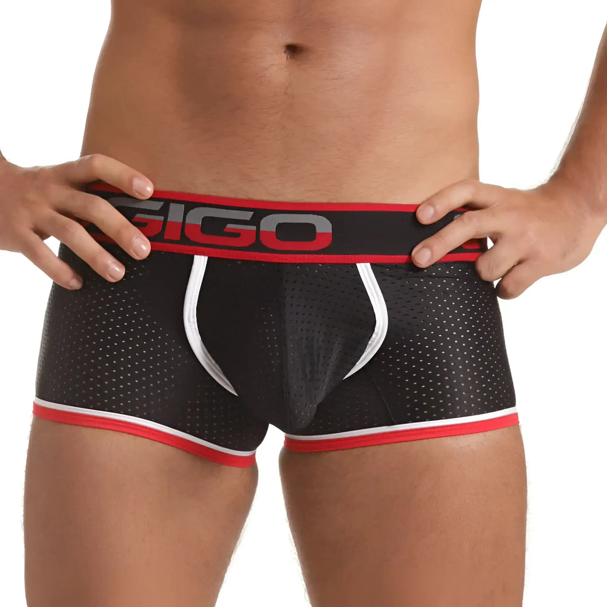 Black mesh Gigo Versatil Red Trunk briefs with red and white trim and bold sigo logo on the waistband