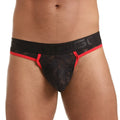 Black lace thong with red trim and a black elastic waistband featuring the Gigo brand name front view