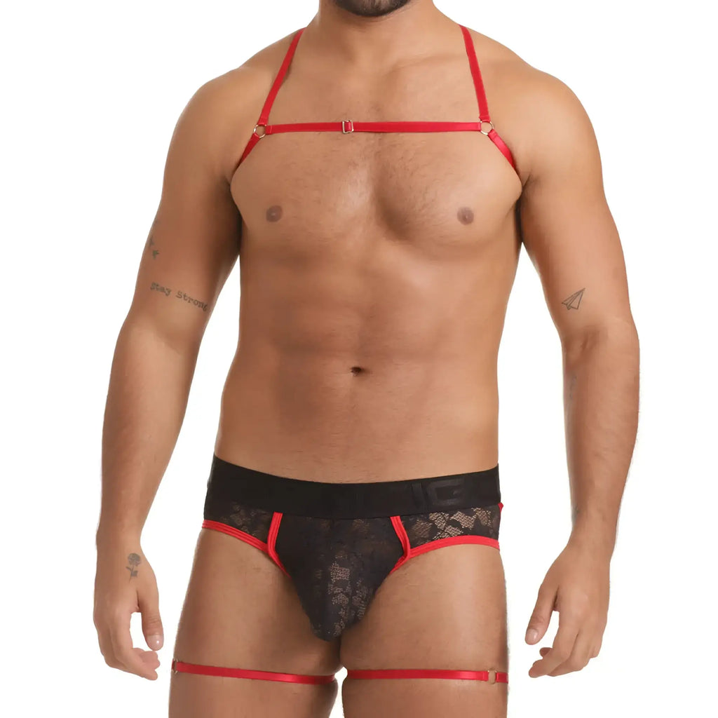 Gigo vibrant black brief jockstrap harness in red and black lace with adjustable straps shown from the front