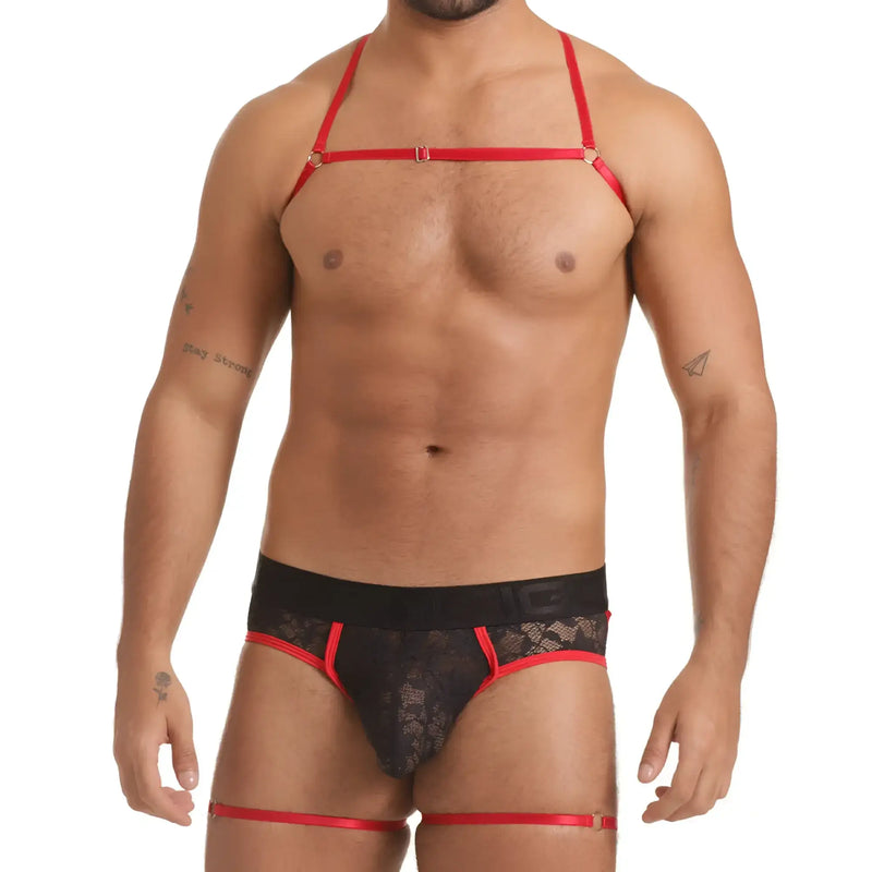 Gigo vibrant black brief jockstrap harness in red and black lace with adjustable straps shown from the front