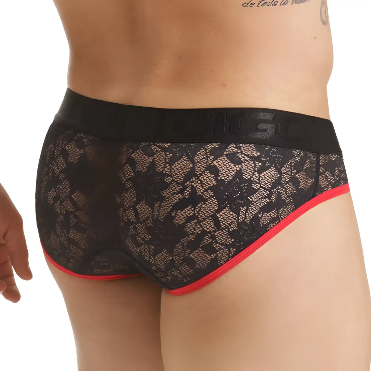 Black lace briefs with red trim and black elastic waistband featuring gigo brand name vibrant black brief
