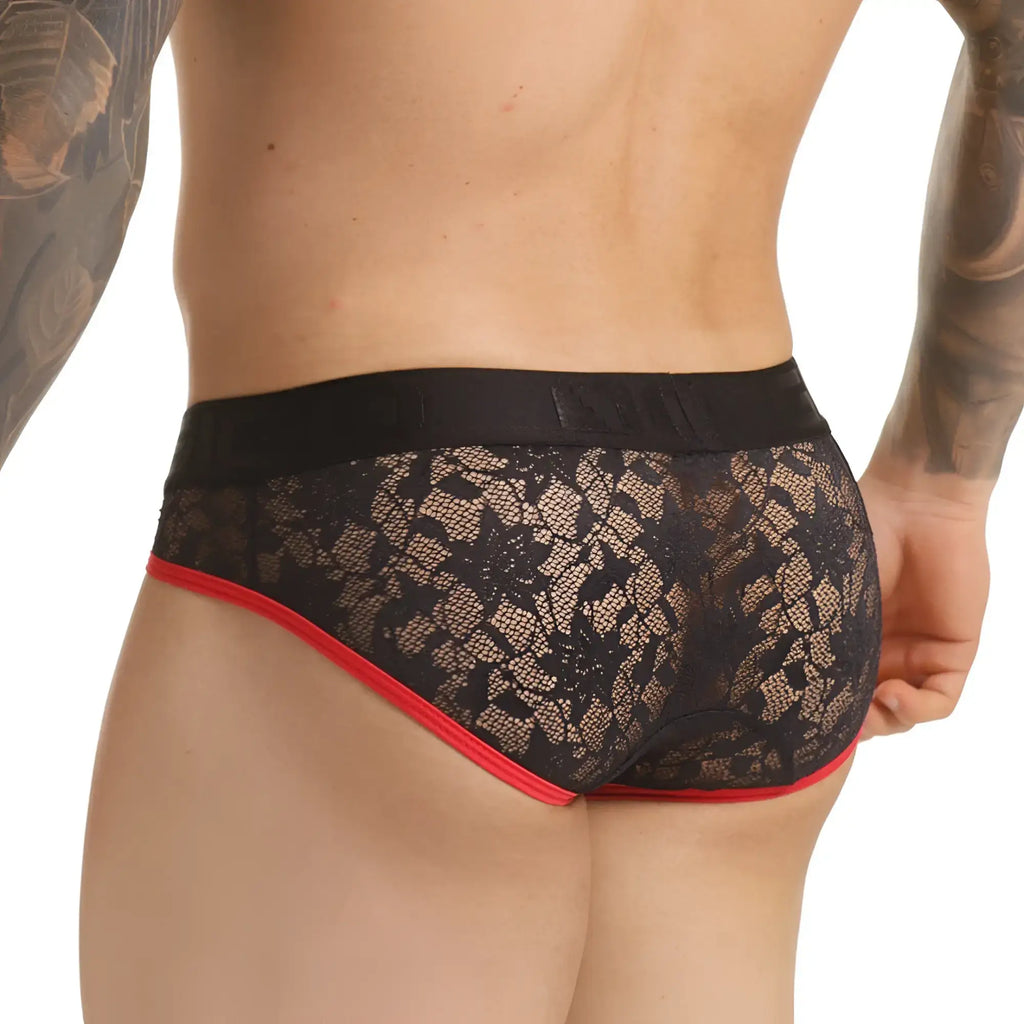 Gigo vibrant black brief made of black lace with red trim and a black elastic waistband front view