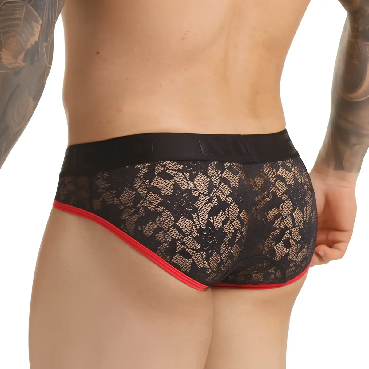 Gigo vibrant black brief made of black lace with red trim and a black elastic waistband front view