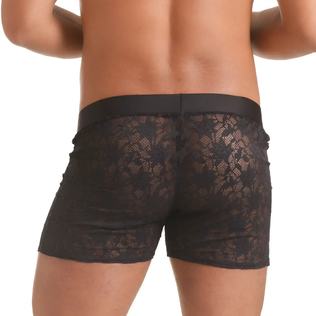 Black lace boxer briefs with solid black elastic waistband from gigo vibrant black hotshort collection