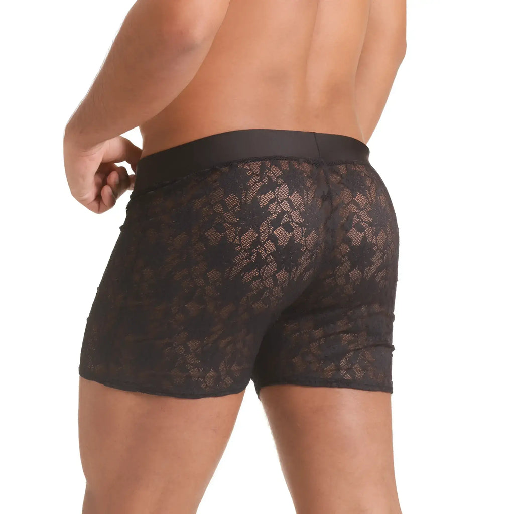 Black lace boxer briefs with solid black elastic waistband from gigo vibrant black hotshort collection