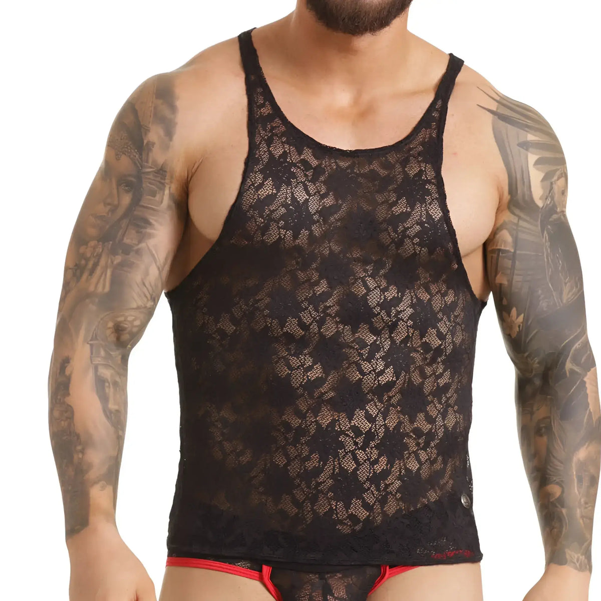 Black lace tank top with intricate floral patterns from Gigo vibrant black tank collection