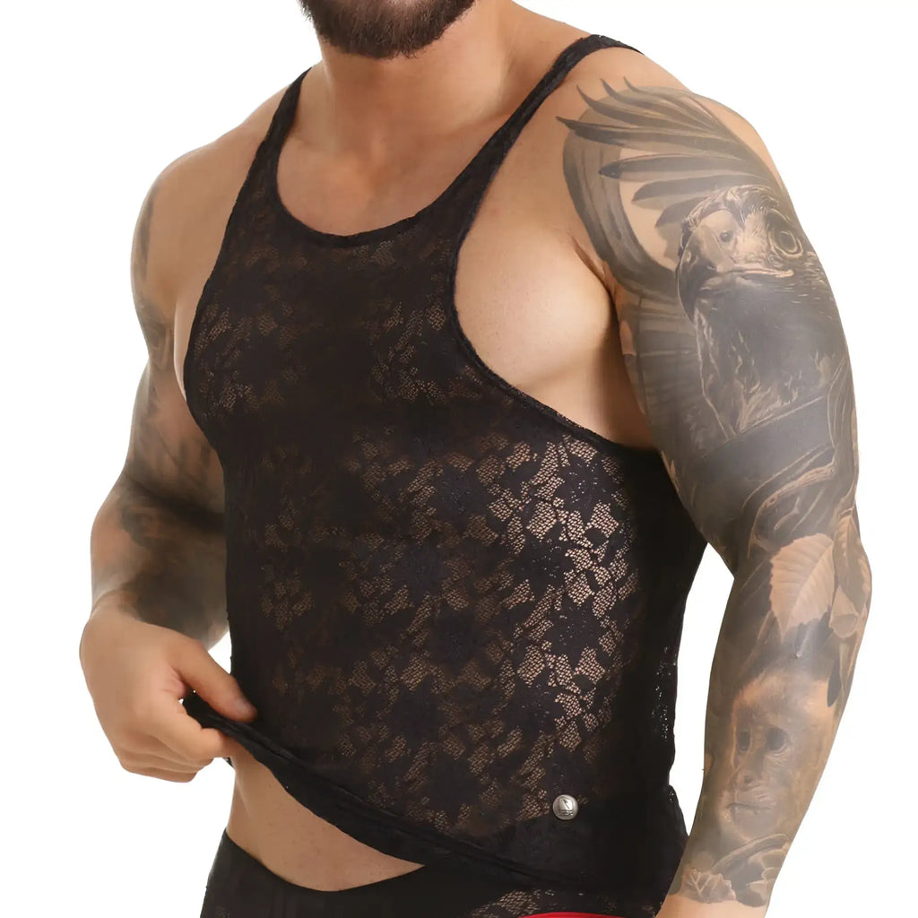 Black lace tank top with delicate floral pattern and thin straps from Gigo vibrant black tank collection