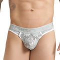 Gray lace thong with white trim and elastic waistband featuring nggo logo from gigo vibrant blue brief gstring collection
